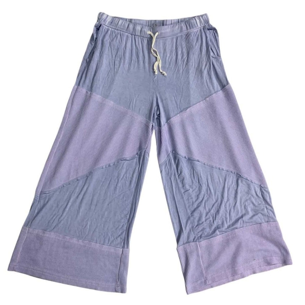 POL Patchwork Lounge Pants Women M/L Purple Wide Leg Knit Lavender Boho Relaxed